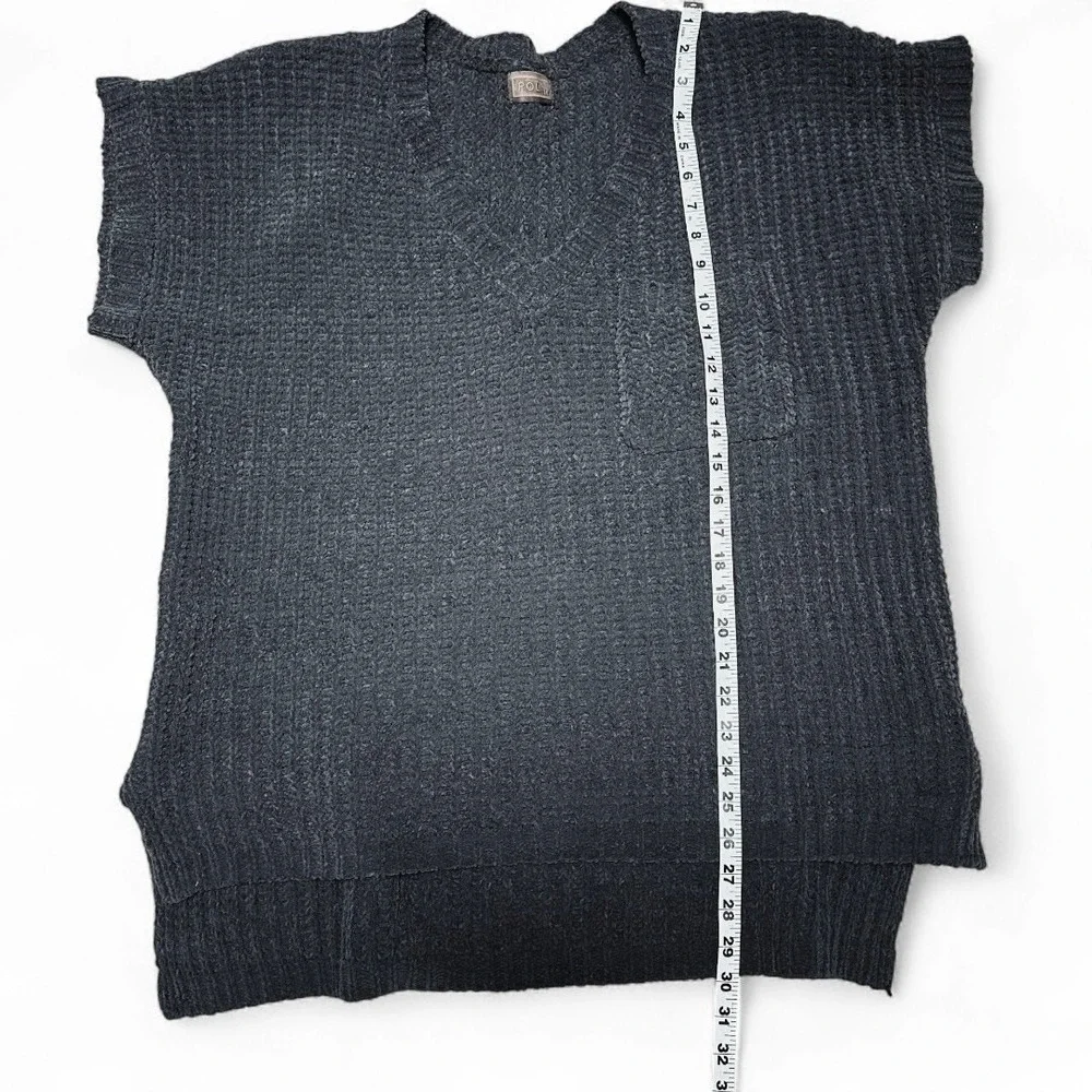 POL Clothing Chenille Sweater Oversized Short Sleeve‎ High Low Deep Grey Size M